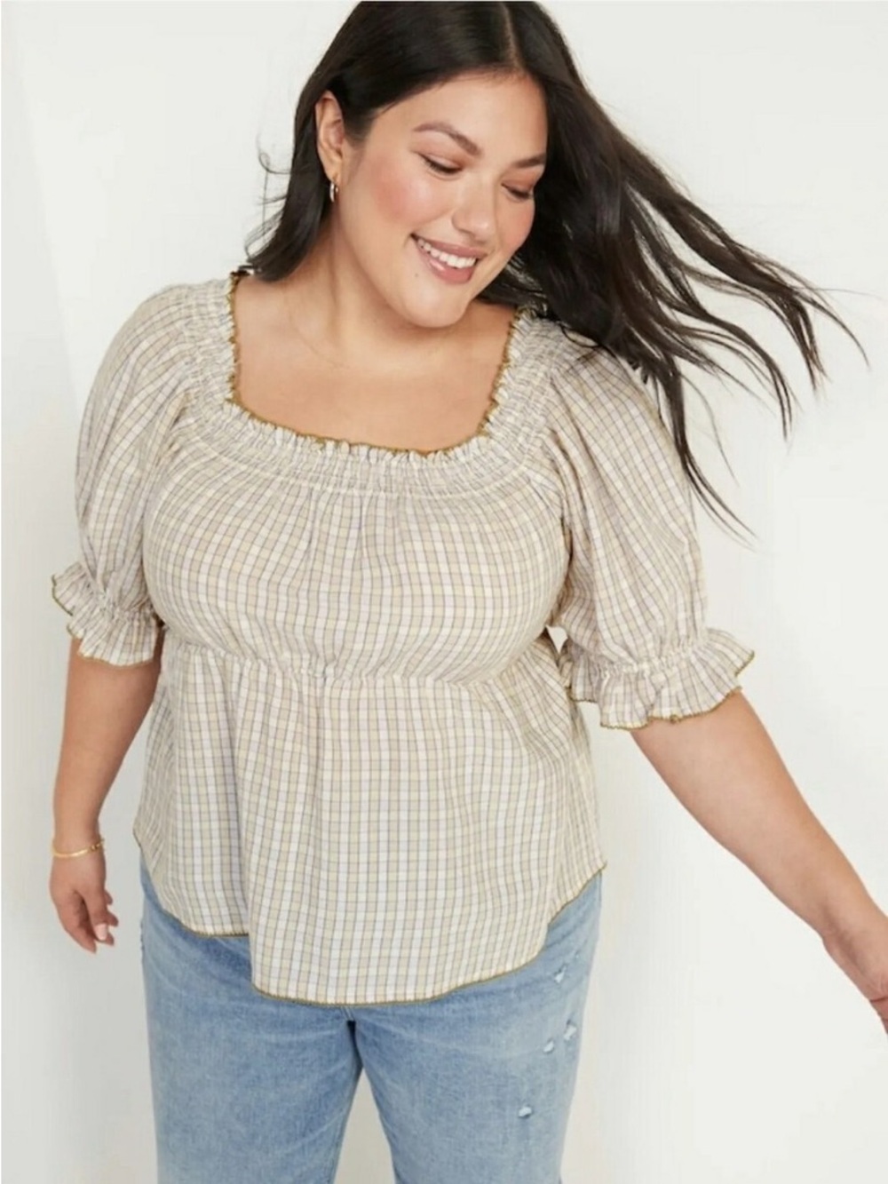 Old Navy Smocked Square-Neck Peplum Top in Beige Plaid